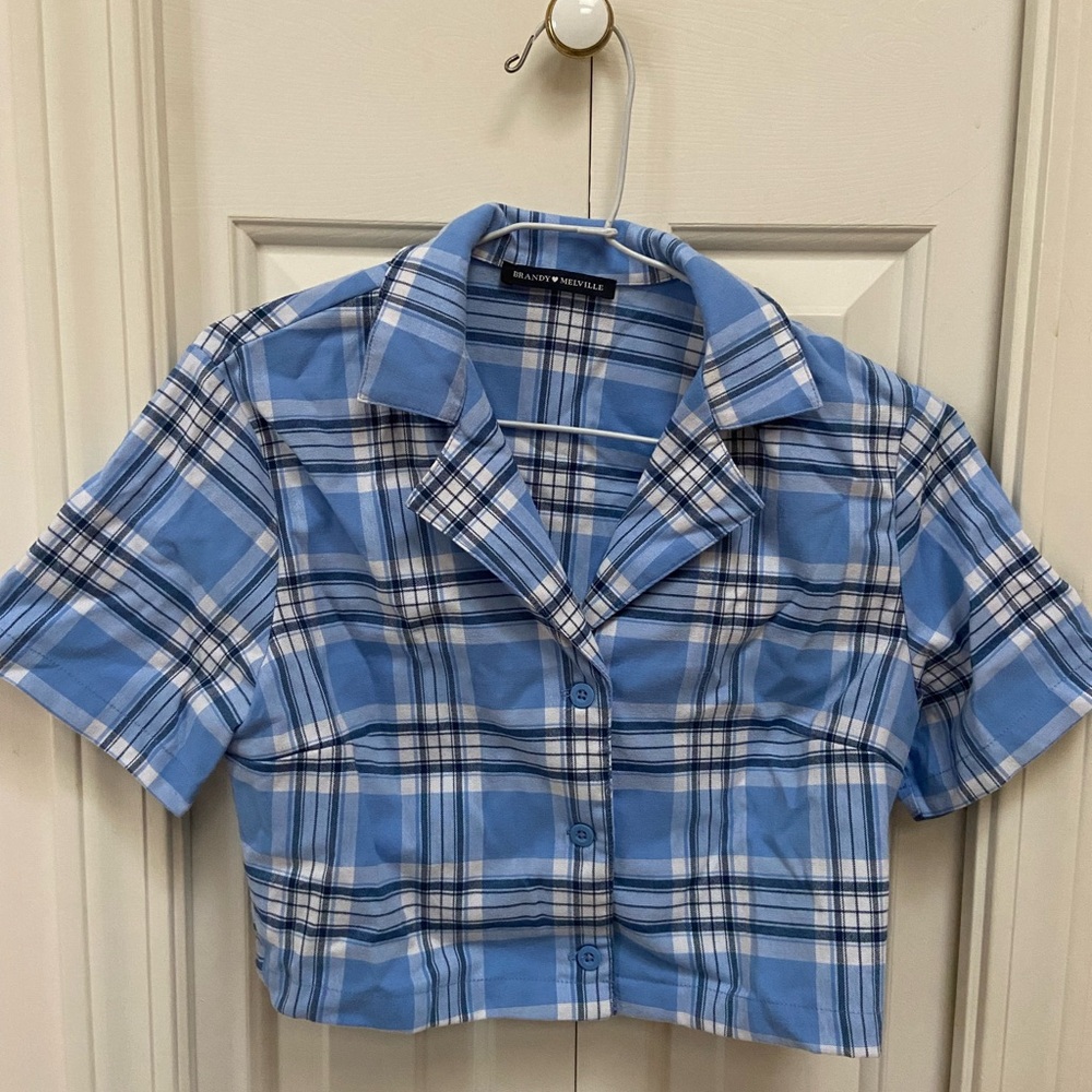 Brandy Melville Light Blue Plaid Button Down Shirt Crop Top One Size
